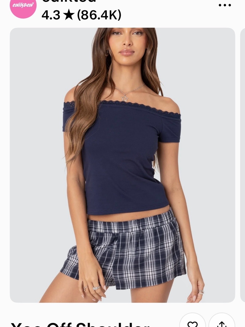 Edikted Navy Off-Shoulder Lace Trim Crop Top